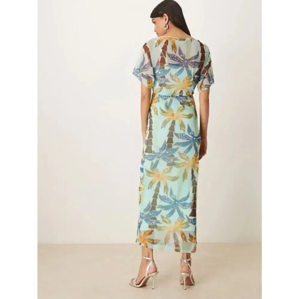 Never Fully Dressed Tilly off asymmetric mesh maxi dress in blue palm print New